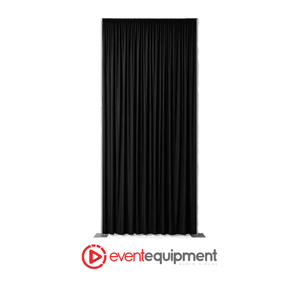 6m high black velvet drape system with freestanding frame, available for hire in Melbourne, Sydney, and Brisbane