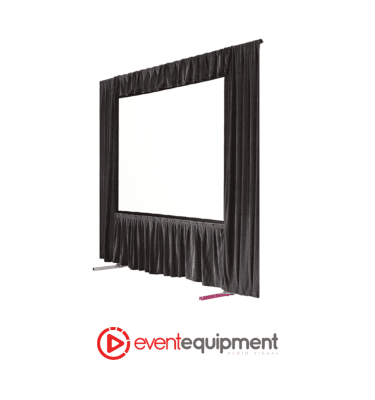 2.4m x 1.8m Fastfold projection screen with black velvet drape kit, available for hire in Melbourne, Sydney, and Brisbane