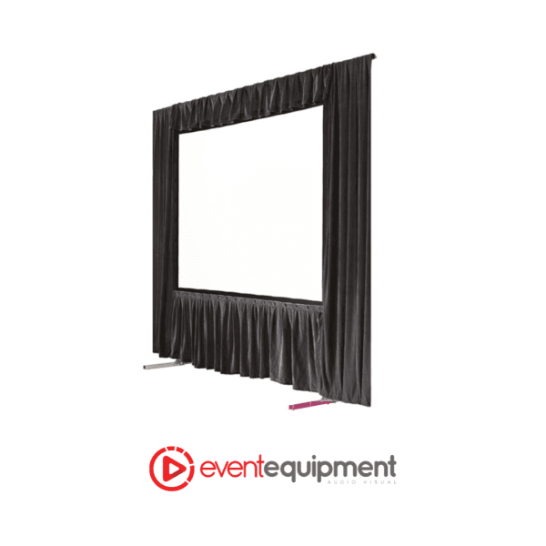 2.4m x 1.8m Fastfold projection screen with black velvet drape kit, available for hire in Melbourne, Sydney, and Brisbane