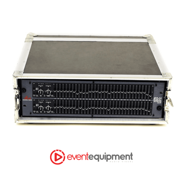 Front view of DBX iEQ-31 dual 31-band equaliser in a rack case for live audio hire in Melbourne, Sydney, and Brisbane.