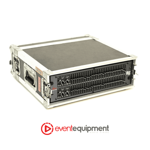 Side-angle view of DBX iEQ-31 mounted in protective flight case, available for audio hire in Melbourne, Sydney, and Brisbane.