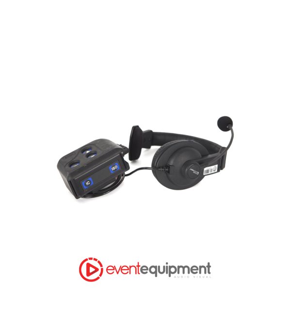 Close-up of HME DX200 wireless beltpack with included headset for production team communication in Melbourne, Sydney, and Brisbane.