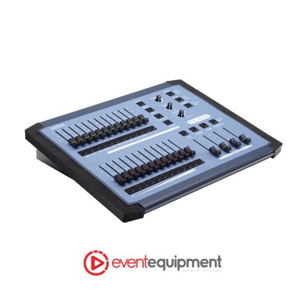 Front panel of 12/24 channel DMX controller with faders and memory buttons, available for hire in Melbourne, Sydney, and Brisbane