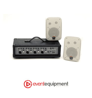 Small booth audio system with compact mixer and JBL speakers, available for hire in Melbourne, Sydney, and Brisbane for 3x3 exhibition setups.