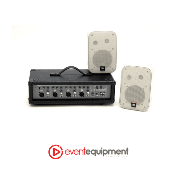 Small booth audio system with compact mixer and JBL speakers, available for hire in Melbourne, Sydney, and Brisbane for 3x3 exhibition setups.