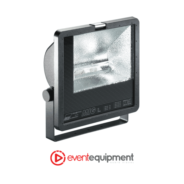 Mig AS400 400W metal halide flood light with weatherproof housing, available for hire in Melbourne, Sydney, and Brisbane
