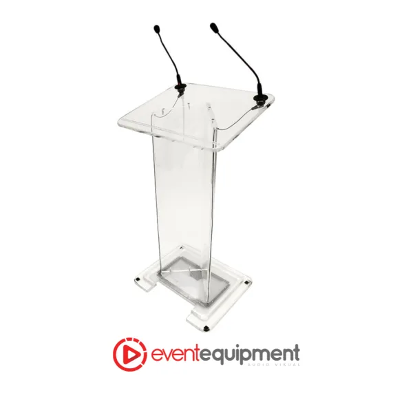 Clear perspex lectern with dual microphone mounts on white background, available for hire in Melbourne, Sydney, and Brisbane