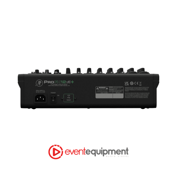 Rear panel view of the Mackie ProFX12v3+ mixer showing USB-C and power connections for professional audio hire in Brisbane.