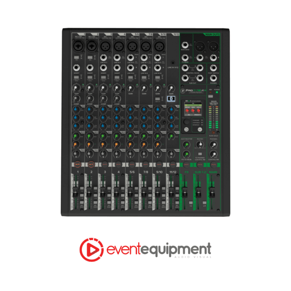 Top-down control view of the Mackie ProFX12v3+ mixer showing channel inputs, EQ, and FX options available for hire in Sydney.