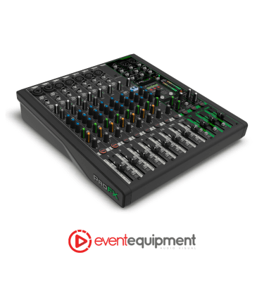 Side perspective of the Mackie ProFX12v3+ 12 channel mixer, ready for event and conference hire in Melbourne, Sydney, and Brisbane.