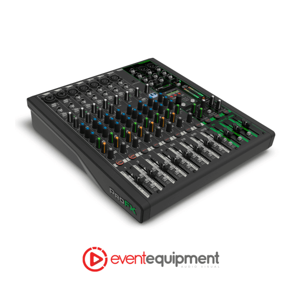 Side perspective of the Mackie ProFX12v3+ 12 channel mixer, ready for event and conference hire in Melbourne, Sydney, and Brisbane.