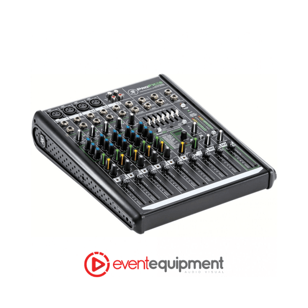 Front angle of the Mackie ProFX8v2 8 channel mixer available for hire in Melbourne, Sydney, and Brisbane.