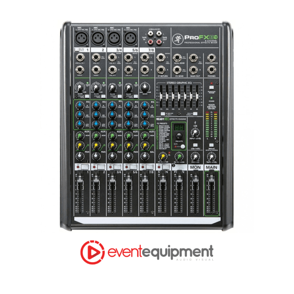 Top-down view of the Mackie ProFX8v2 mixer showing input channels and FX controls, available for audio mixer hire.