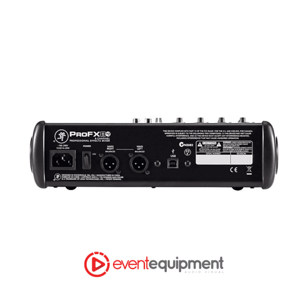 Rear input/output panel of the Mackie ProFX8v2 with USB and XLR connections, ideal for event audio mixer hire in Melbourne, Sydney, or Brisbane.
