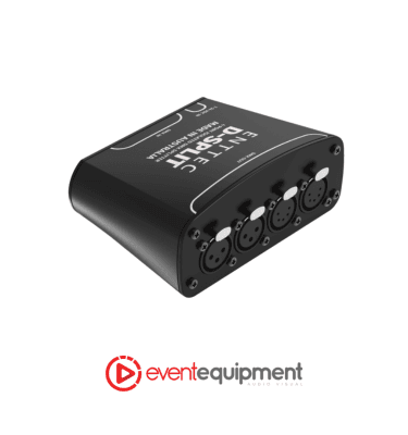 ENTTEC D-Split DMX splitter angle view showing DMX input and output connectors for hire in Melbourne, Sydney, and Brisbane.