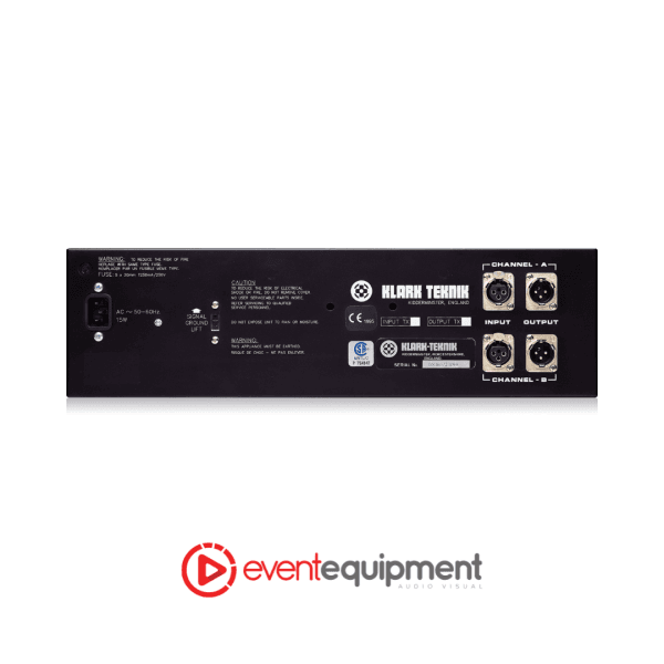 Rear panel of Klark Teknik DN360 graphic equaliser showing balanced XLR inputs and outputs, available for hire in Melbourne, Sydney, and Brisbane.