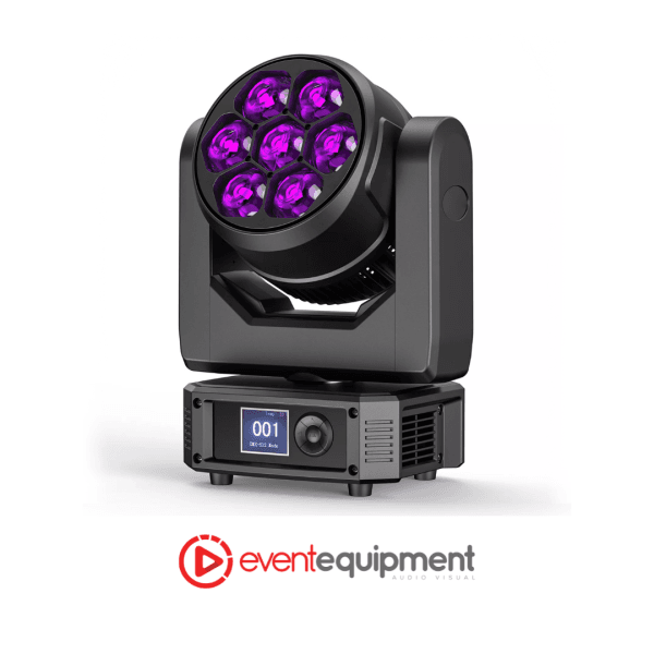RGBW moving head light, beam fixture with 7x50W LEDs and motorised zoom, available for hire in Melbourne, Sydney, and Brisbane for events and performances.