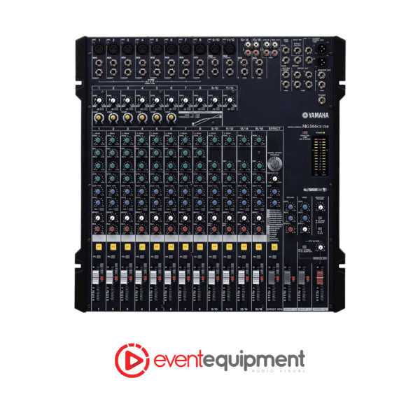 Yamaha MG166cx 16-channel mixer with USB and built-in FX, available for professional audio hire in Melbourne, Sydney, and Brisbane.