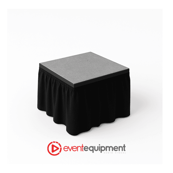 1 metre x 1 metre modular stage deck with adjustable height and carpet top, available for hire in Melbourne, Sydney, and Brisbane