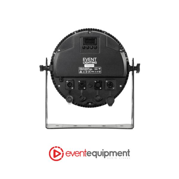 Rear panel of outdoor LED par light showing power and DMX connections, suitable for event hire in Melbourne, Sydney, and Brisbane