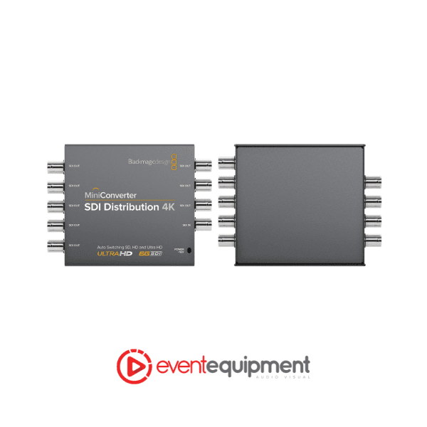 SDI distribution amplifier with 1 input and 8 re-clocked outputs, supporting 6G-SDI and Ultra HD, available for hire in Melbourne, Sydney, and Brisbane