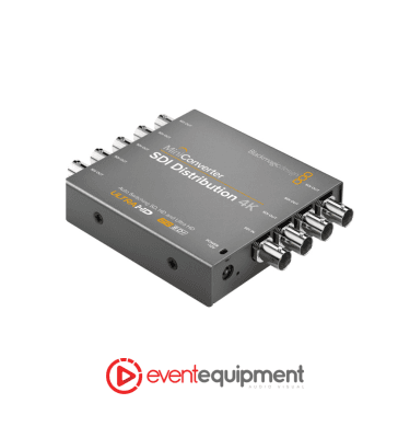 SDI distribution amplifier with 1 input and 8 re-clocked outputs, supporting 6G-SDI and Ultra HD, available for hire in Melbourne, Sydney, and Brisbane