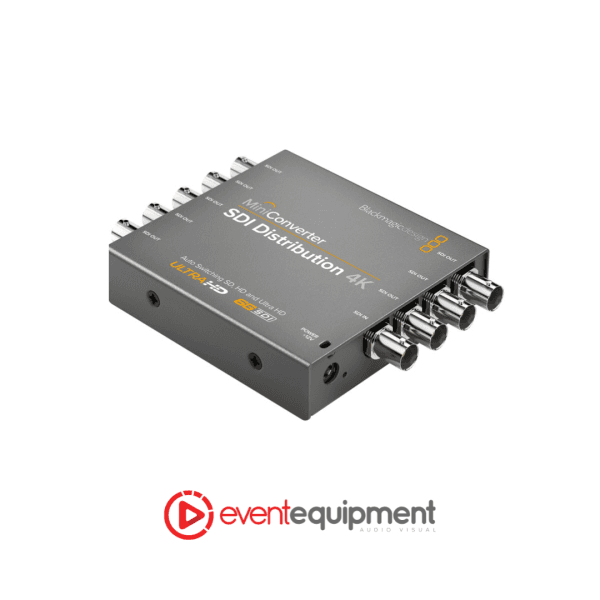 SDI distribution amplifier with 1 input and 8 re-clocked outputs, supporting 6G-SDI and Ultra HD, available for hire in Melbourne, Sydney, and Brisbane