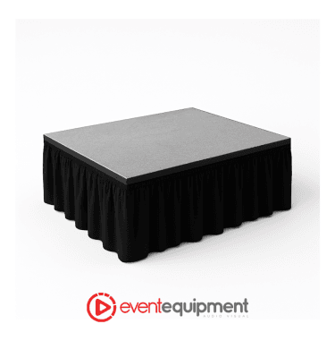 1.8 metre by 1.2 metre stage platform with carpeted surface and skirt, available for hire in Melbourne, Sydney, and Brisbane