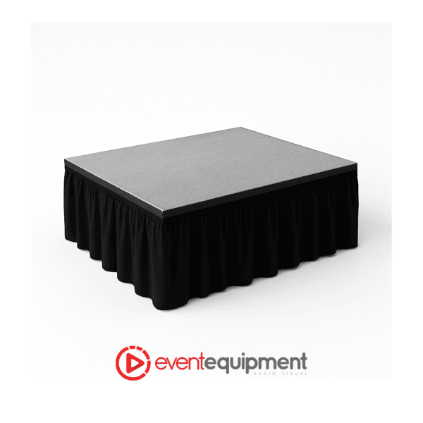 1.8 metre by 1.2 metre stage platform with carpeted surface and skirt, available for hire in Melbourne, Sydney, and Brisbane